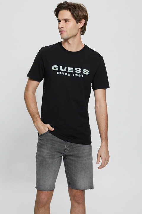 GUESS, Тениска с овално деколте и лого, Черен