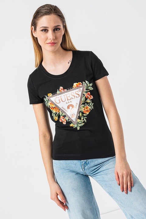 GUESS, Tricou de bumbac cu imprimeu floral si logo, Negru
