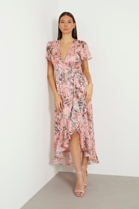 GUESS, Átlapolt ruha aszimmetrikus alsó szegéllyel, Rózsaszín