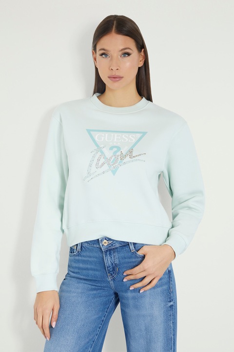 GUESS, Bluza de trening din amestec de bumbac cu logo, Albastru glaciar