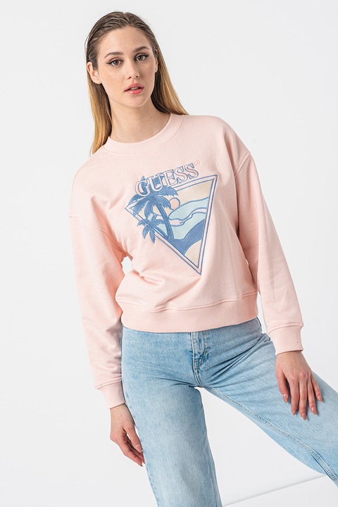 GUESS, Bluza de trening cu broderie logo, Roz deschis/Albastru deschis