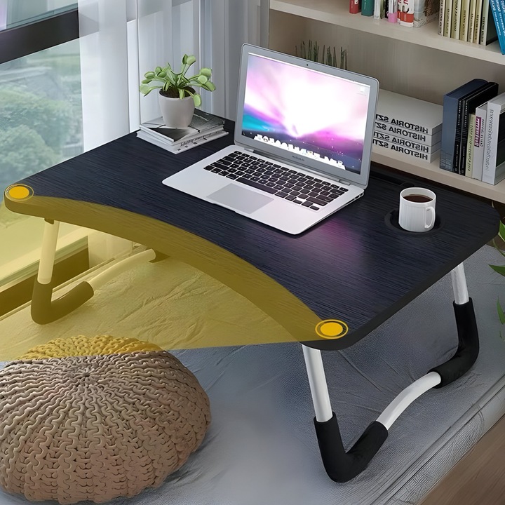 Többfunkciós összecsukható asztal, Laptophoz vagy reggelihez az ágyban, Táblagép/telefon/pohártartó, 59, 5x39, 5x26 cm, fekete