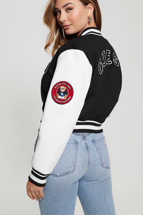 GUESS, Jacheta bomber crop cu aplicatii, Alb/Negru, L