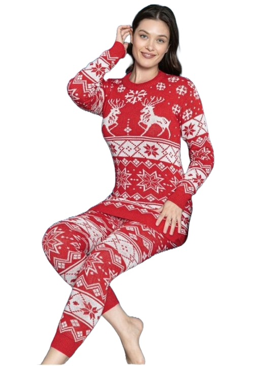 Compleu Craciun Pentru Femei, 2 piese, Tricot, Rosu/Alb, Rosu