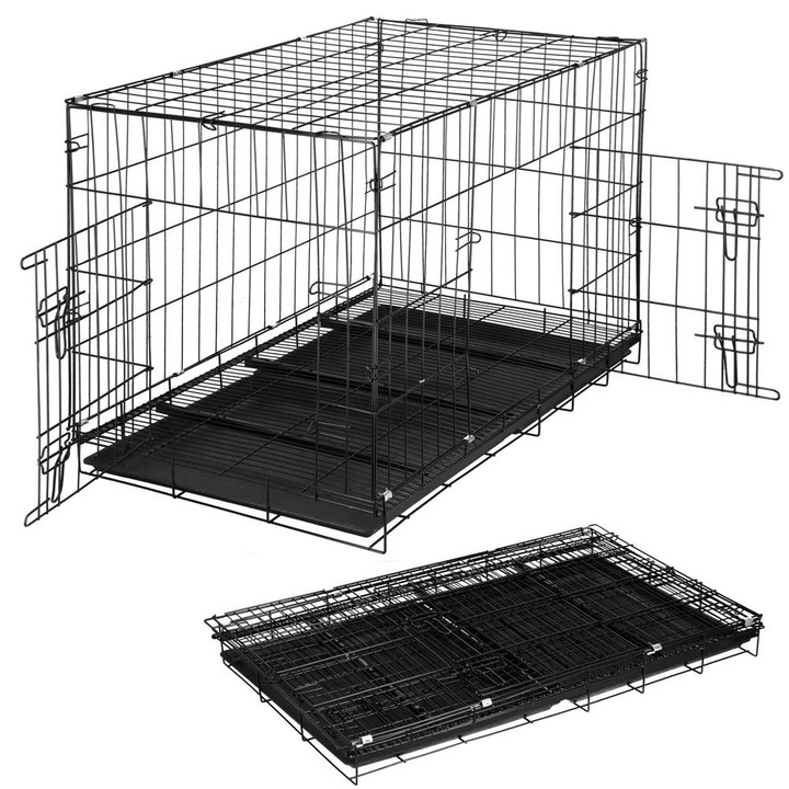 Cusca animale 2 usi pliabila metal tava detasabila xl, 100x70x60 cm, transport usor, negru
