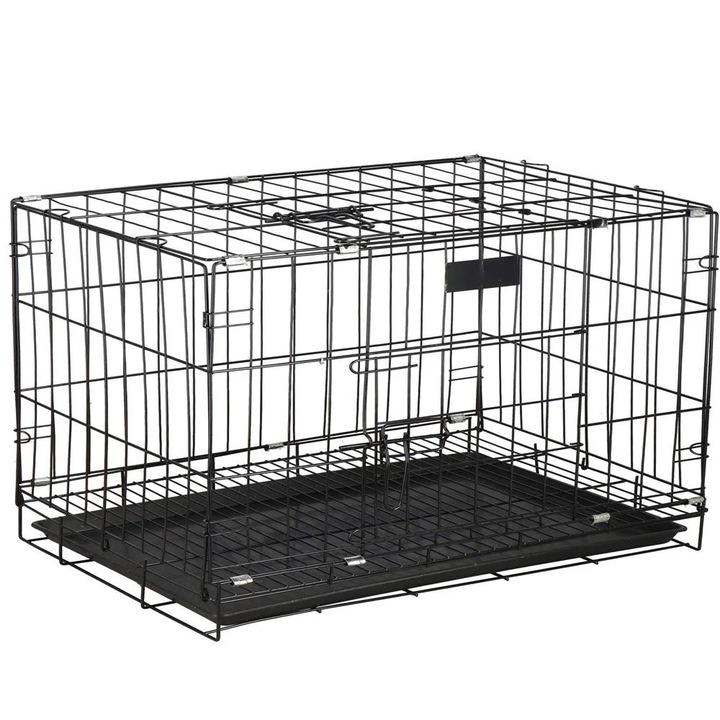 Cusca animale 2 usi pliabila metal tava detasabila xl, 93x67x56 cm, transport usor, negru