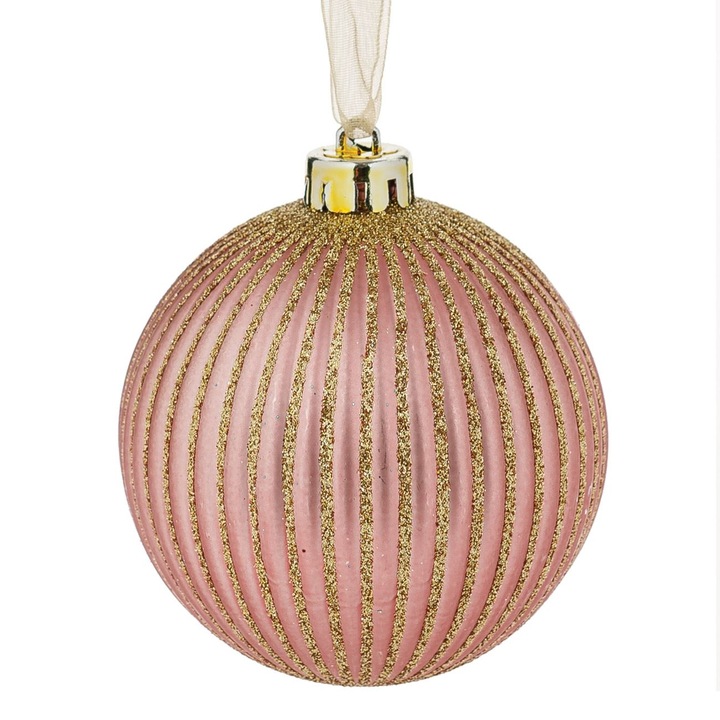 Ornament Brad de Craciun Shopiens® din plastic, Glob Roz Auriu cu Dungi cu Glitter Auriu, 8 cm