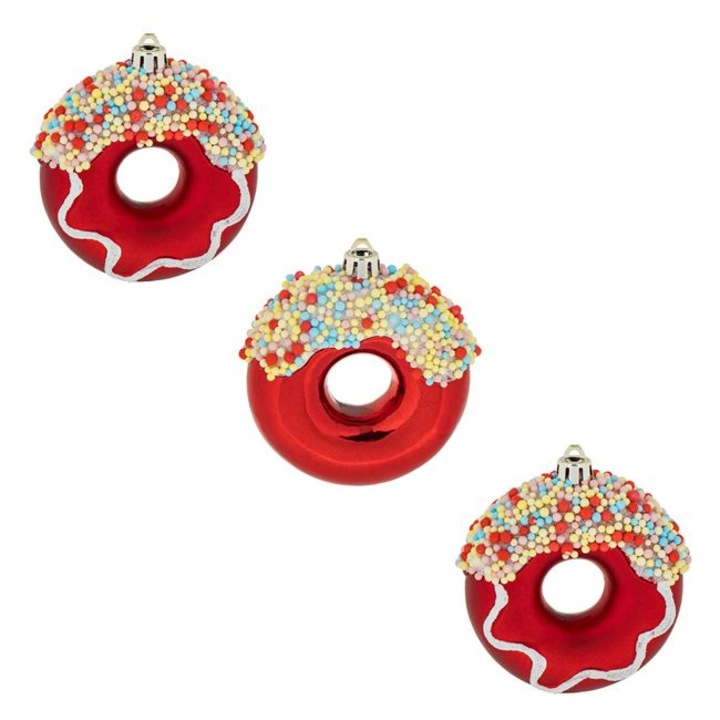 Set 3 ornamente de Craciun Shopiens® Donuts Rosii, aspect glitter, 8 cm