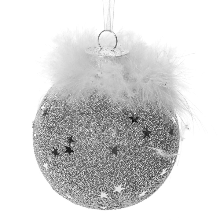 Ornament Brad de Craciun Shopiens® din spuma, glob Argintiu cu Glitter Pene Albe, 8 cm