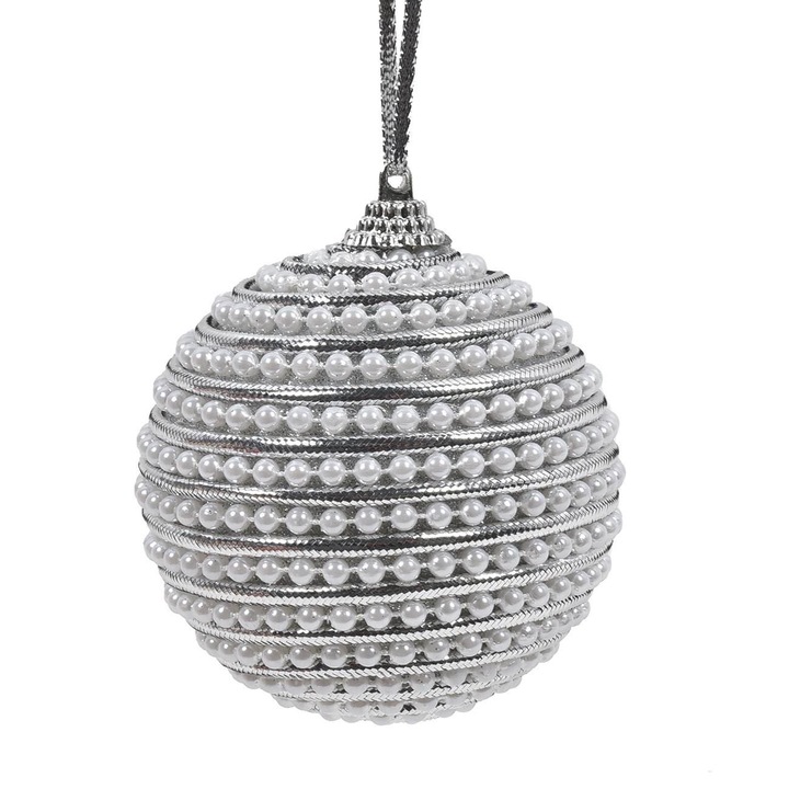 Ornament Brad de Craciun Shopiens® din spuma, glob cu Siret Argintiu Perla Alba, 8 cm