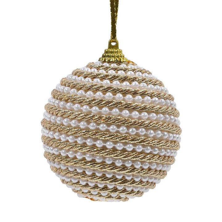 Ornament Brad de Craciun Shopiens® din spuma, glob Auriu cu Siret Auriu Perla Alba, 8 cm