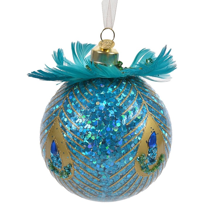 Ornament Brad de Craciun Shopiens®, Glob din Sticla Paun cu Glitter Auriu Pene, 10 cm