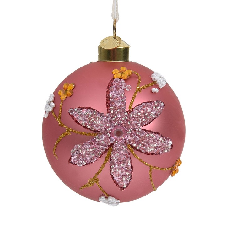 Ornament Brad de Craciun Shopiens®, Glob din Sticla Roz Mat cu Cristale Flori, 8 cm
