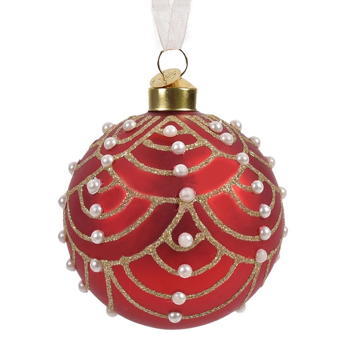 Ornament Brad de Craciun Shopiens®, Glob din Sticla Rosu cu Model Perle Albe, 8 cm