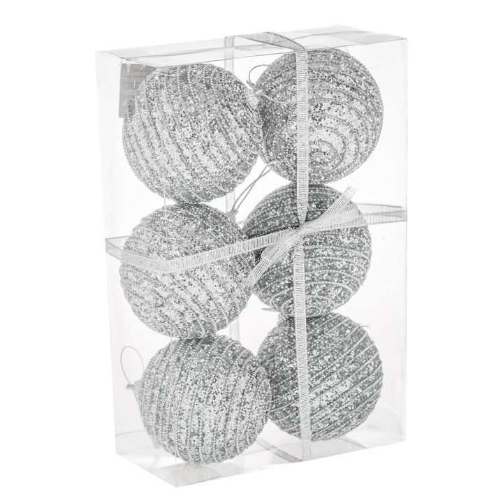 Set 6 globulete brad de Craciun Shopiens® Argintii cu Siret Glitter, 8 cm