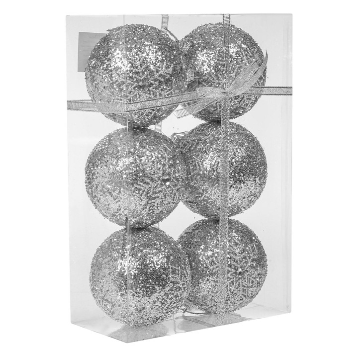 Set 6 globulete brad de Craciun Shopiens® Argintii Fulg Glitter, 8 cm