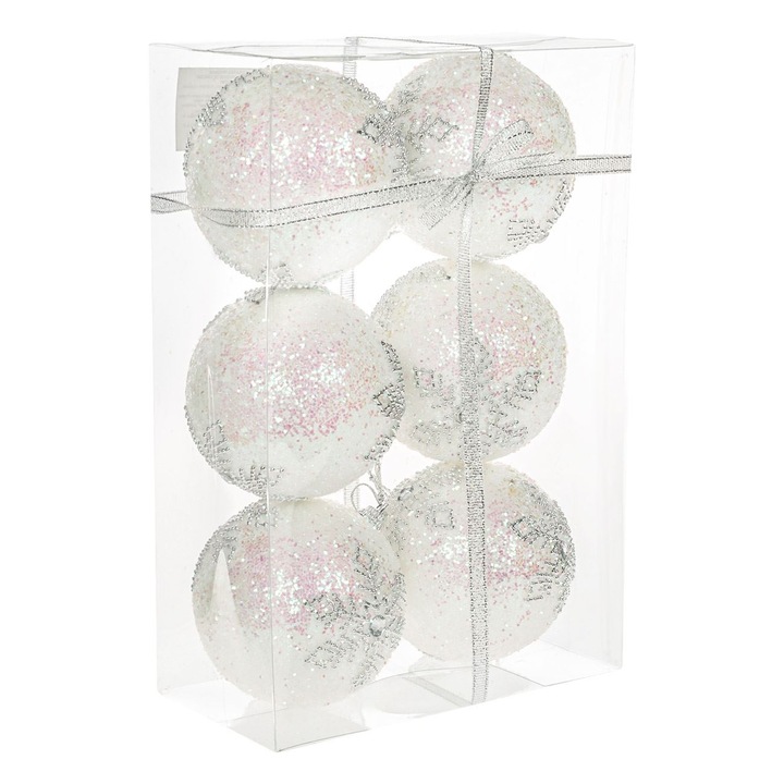 Set 6 globulete brad de Craciun Shopiens® Albe Irizate Fulg Argintiu Glitter, 8 cm
