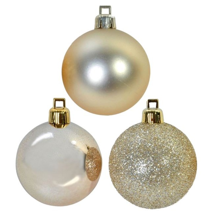 Set 12 globulete pentru bradul de Craciun Shopiens® Bej, cu aspect mat, glitter si stralucitor, 8 cm