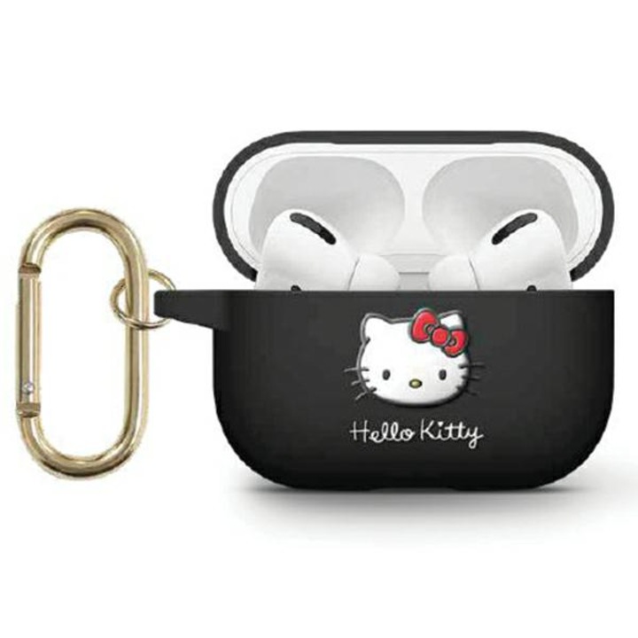 Husa pentru casti, Hello Kitty, Compatibil Airpods 3, Silicon, 3D, Negru