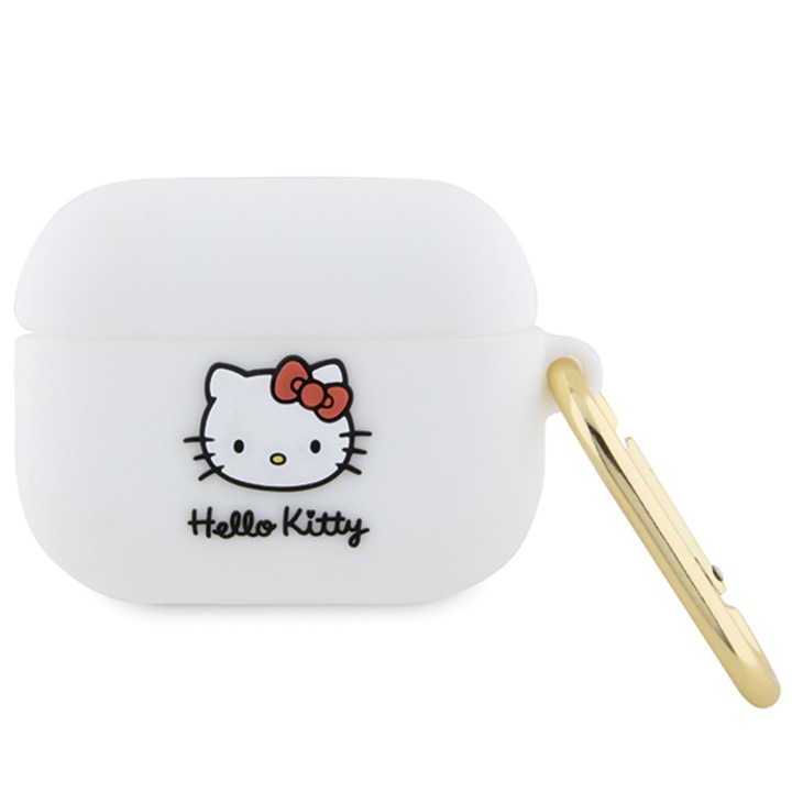 Husa pentru casti, Hello Kitty, Compatibil Airpods Pro, Silicon/Inox, 3D, Alb