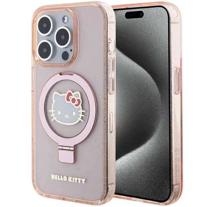 Hello Kitty HKHMP15LHRSGEP iPhone 15 Pro 6.1" készülékhez csillámos kemény tok gyűrűs tartóval Electrop Logo MagSafe rózsaszín
