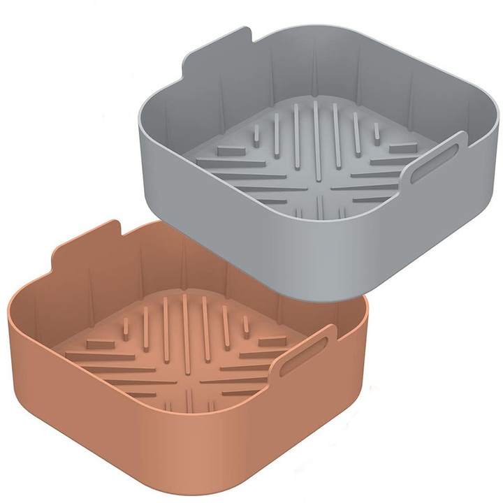 Комплект 2 тави за AirFryer, BOMSTOM, Silicone, 21 см, Сиво/Кафяво