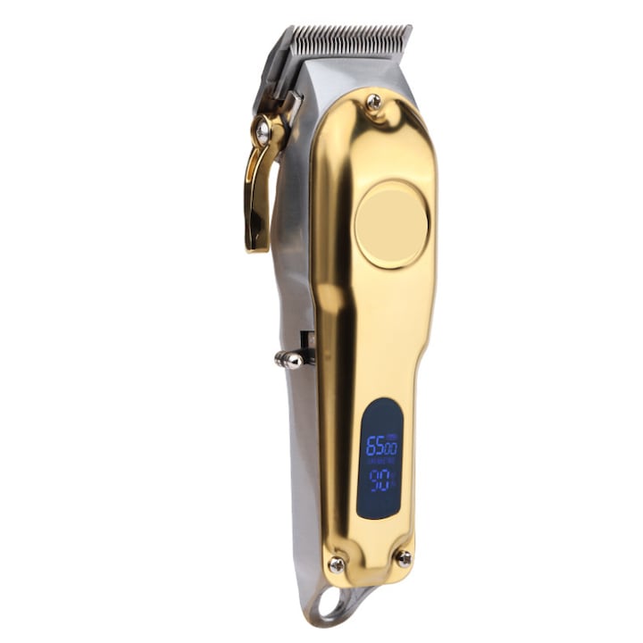 Masina de tuns pentru animale, profesionala, fara fir, cu lame din otel inoxidabil, pentru toate taliile, autonomie 3.5 ore, afisaj LCD, lungime reglabila, culoare auriu