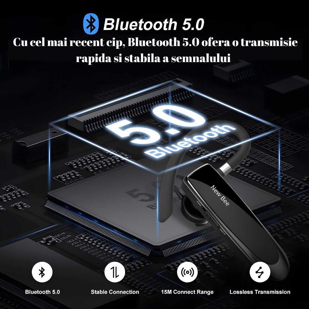 Casca Bluetooth 5.0, Handsfree, Wireless, Cu microfon dublu HD, Timp de ...