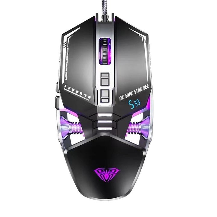 Mouse gaming fotoelectric usb, RGB, 6 butoane, 800-2400 DPI, functie macro personalizata, de inalta performanta, negru mov