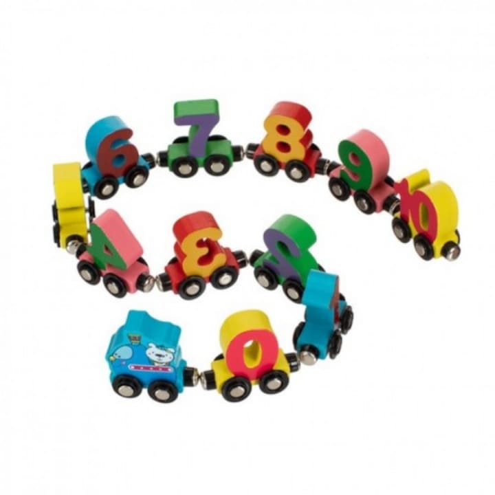 Fából készült mágnesvonat számozott kocsikkal