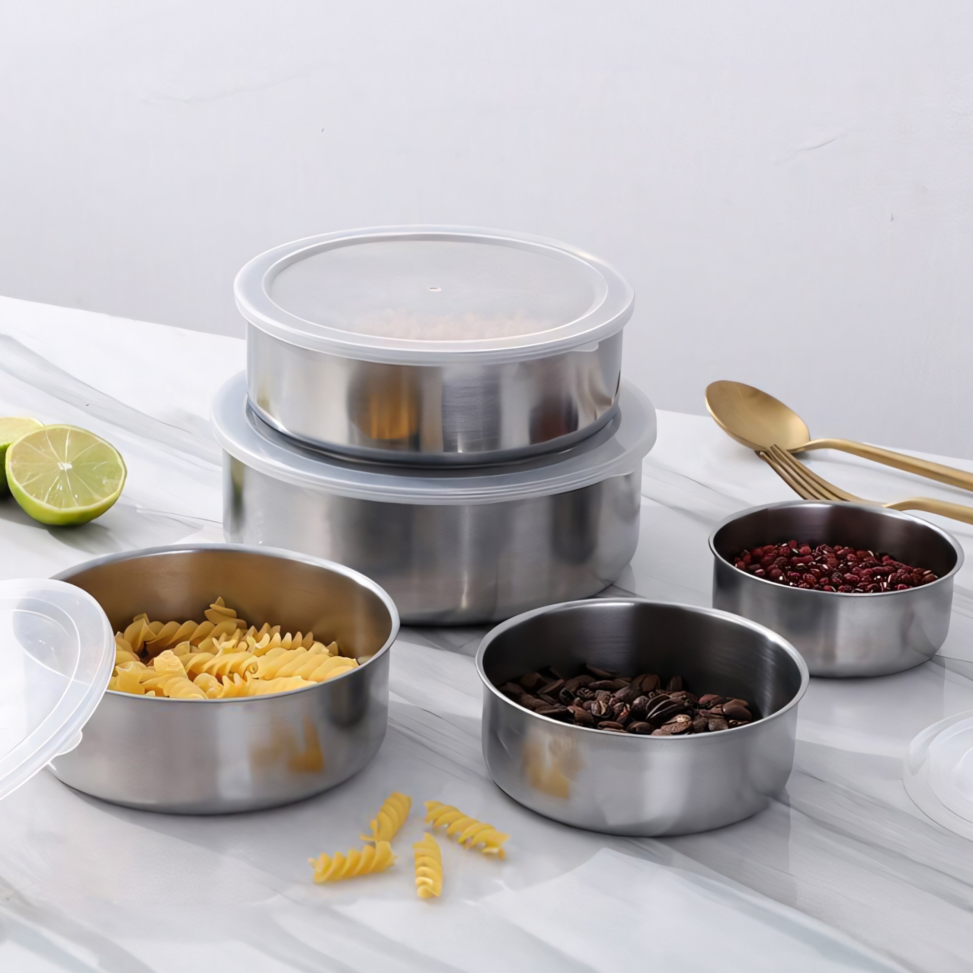 Set 5 caserole din Inox prevazute cu capace din plastic transparent ...