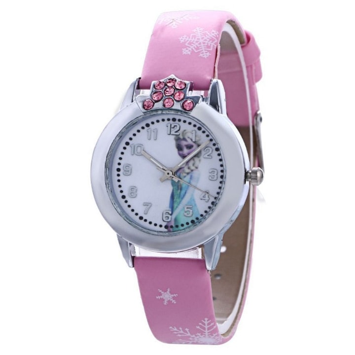 Ceas de copii Frozen cu cadran alb si curea roz din piele ecologica cu fulgi de zapada