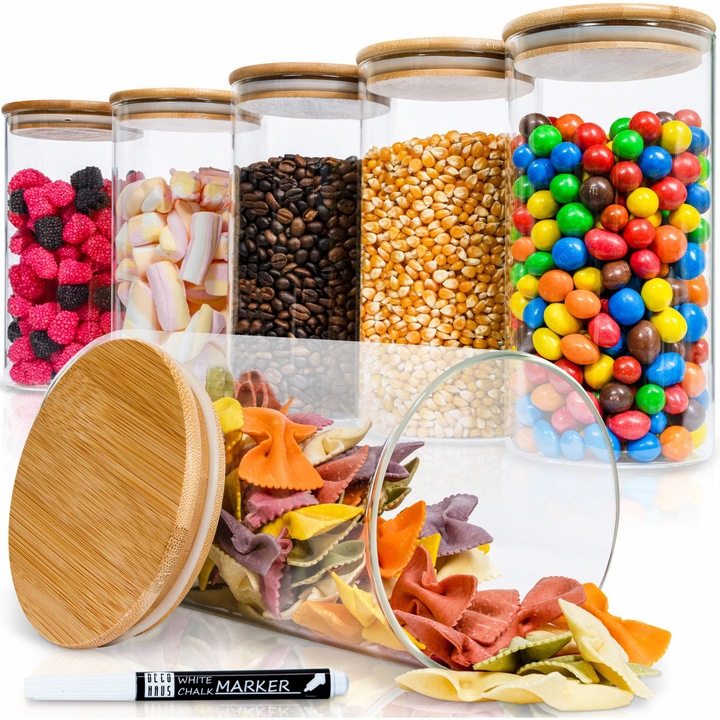 Set borcane depozitare, capac din bambus, 1400 ml, pachet 6 bucati, etanse, lavabile in masina, utilizabile in cuptorul cu microunde DECO HAUS®