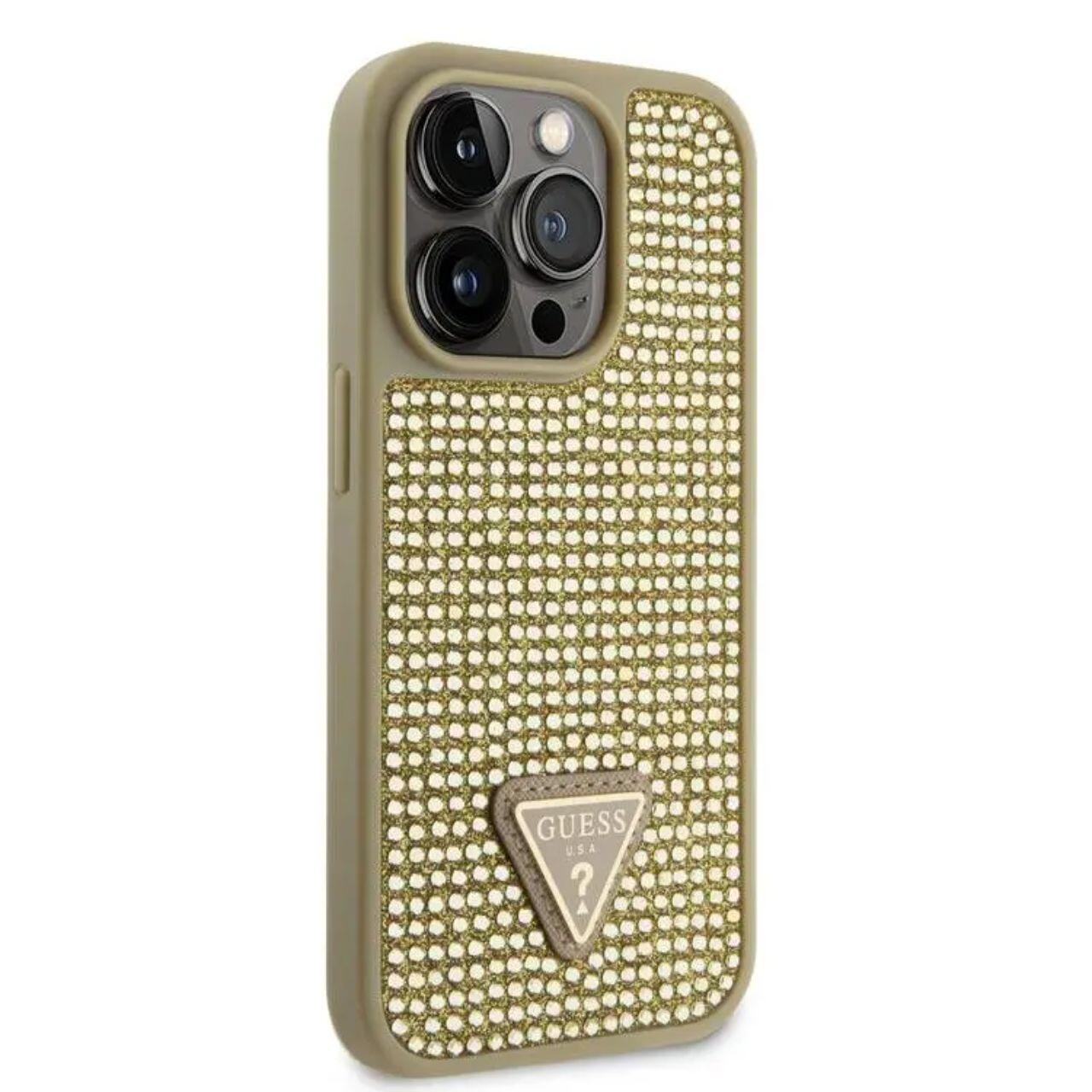 Husa Guess Rhinestones Triangle Metal Logo compatibila cu iPhone 15 Pro Auriu