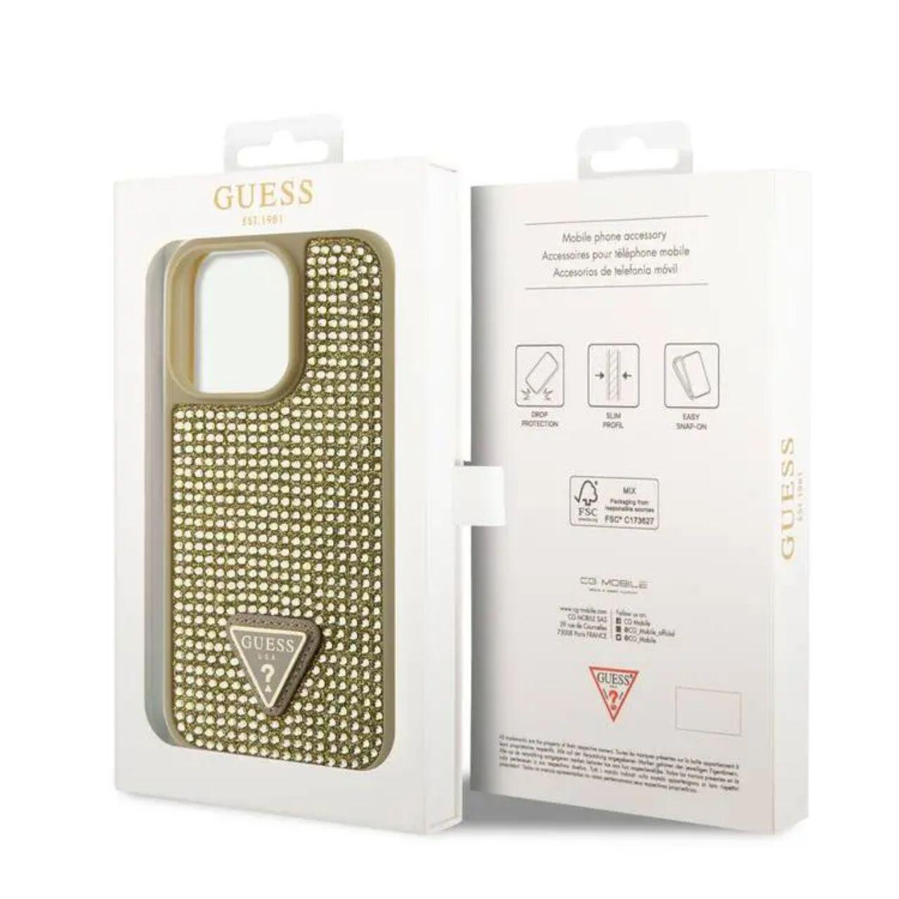 Husa Guess Rhinestones Triangle Metal Logo compatibila cu iPhone 15 Pro Auriu
