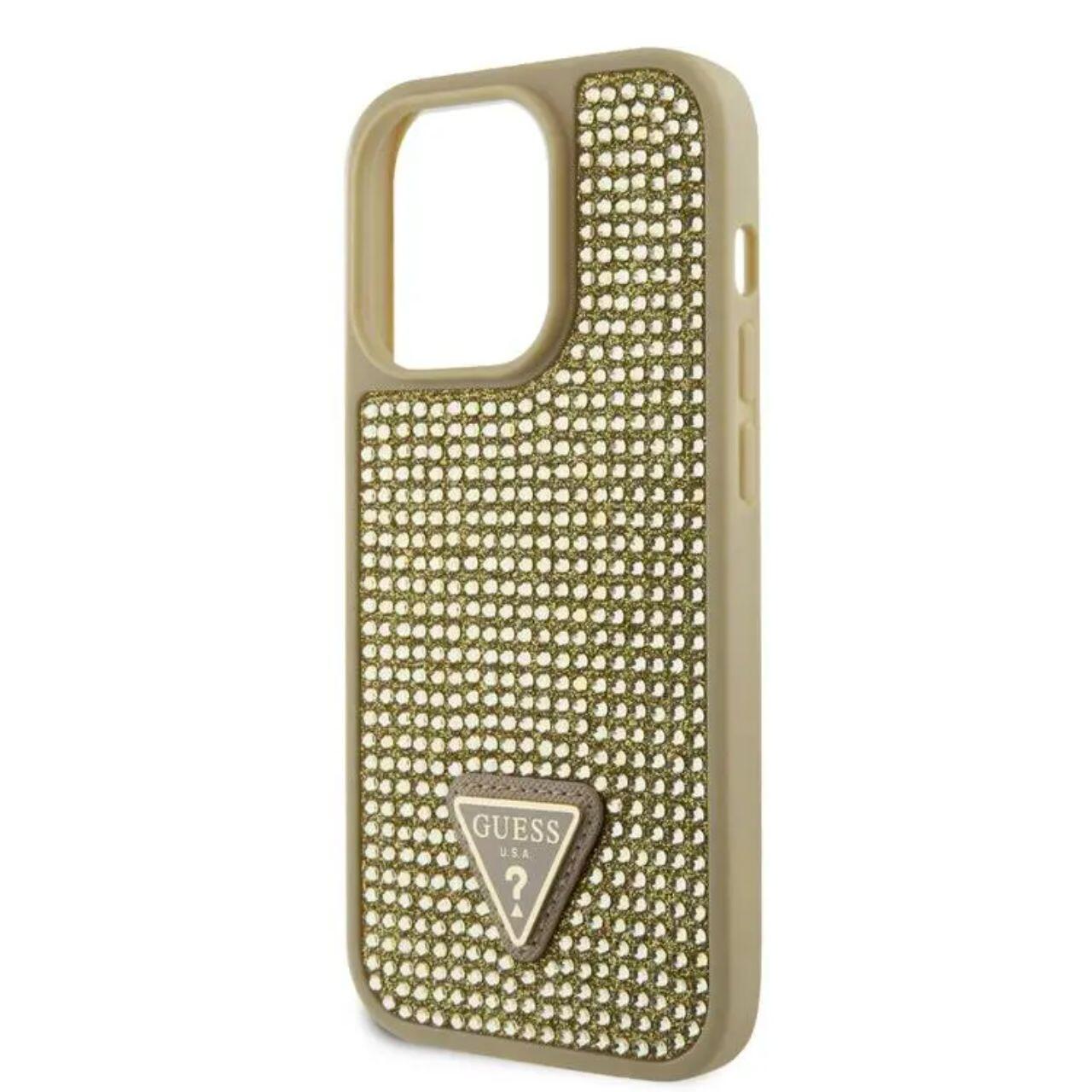 Husa Guess Rhinestones Triangle Metal Logo compatibila cu iPhone 15 Pro Auriu