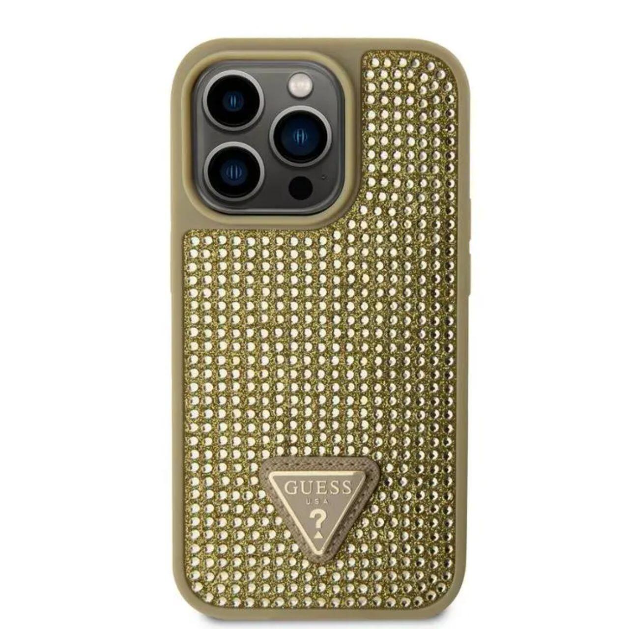 Husa Guess Rhinestones Triangle Metal Logo compatibila cu iPhone 15 Pro Auriu