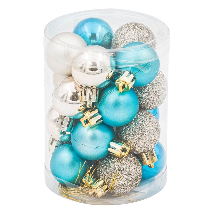 Set 20 globulete brad de Craciun Shopiens®, turcoaz bej cu aspect glitter, stralucitor si mat, 3 cm Turcoaz