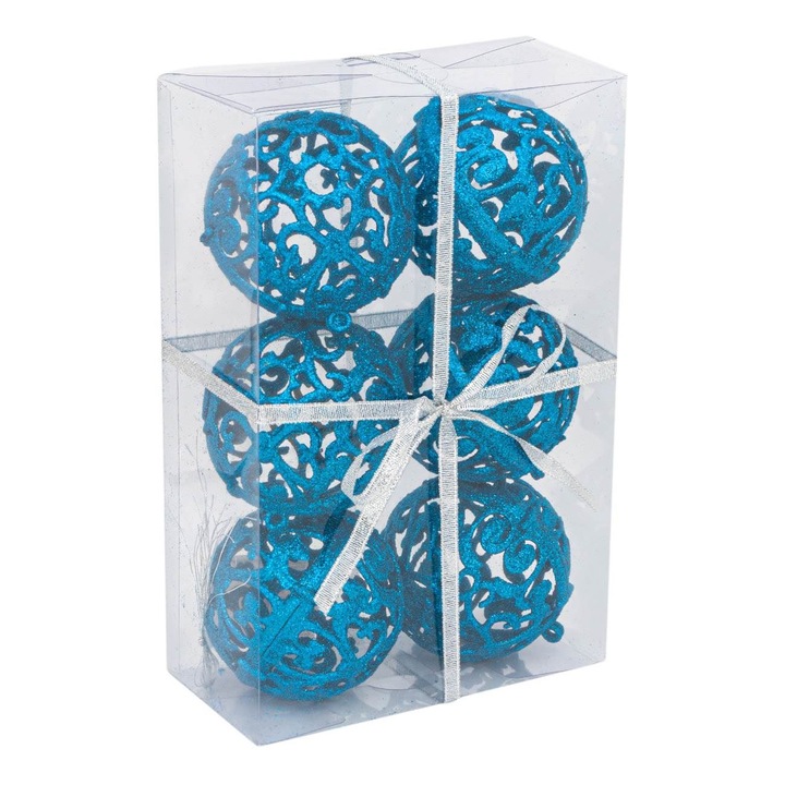 Set 6 globulete brad de Craciun Shopiens®, turcoaz perforate cu aspect glitter, 8 cm
