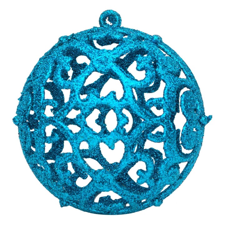 Set 6 globulete brad de Craciun Shopiens®, turcoaz perforate cu aspect glitter, 6 cm