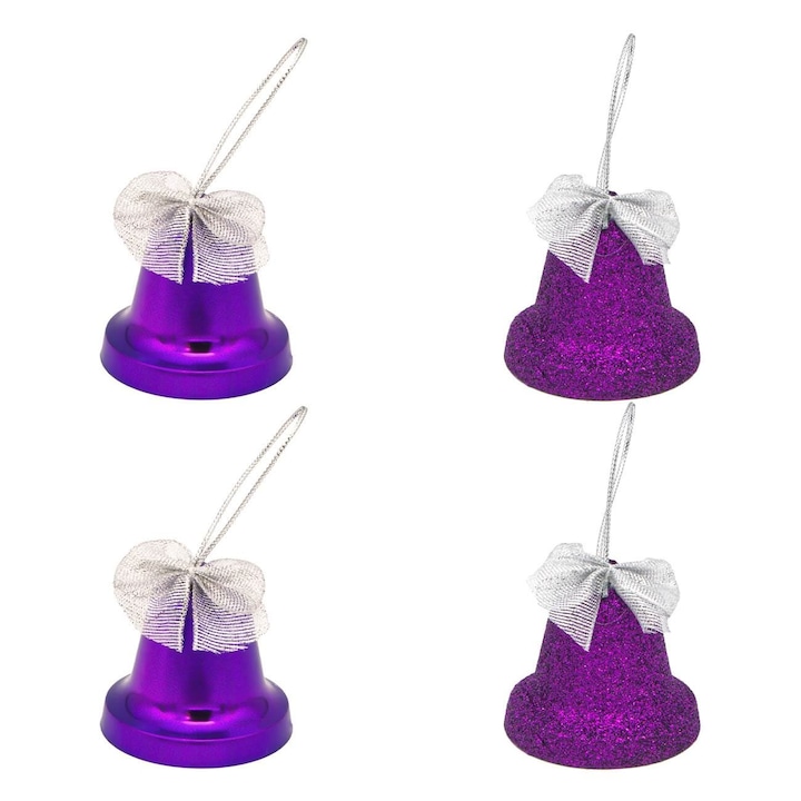Set 4 ornamente brad de Craciun Shopiens®, in forma de Clopote Mov cu aspect stralucitor si glitter, 6 cm