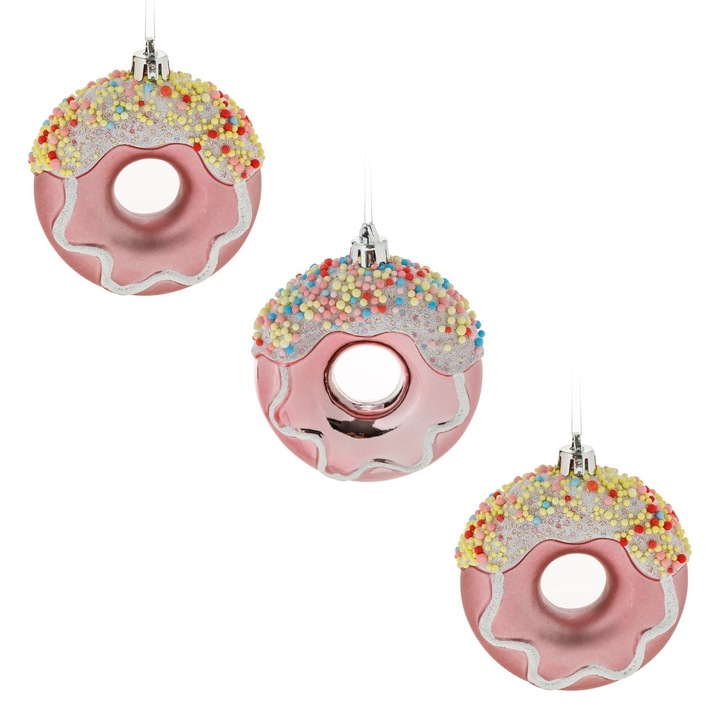 Set 3 ornamente pentru brad de Craciun Shopiens®, in forma de Donuts Roz Glitter, 8 cm