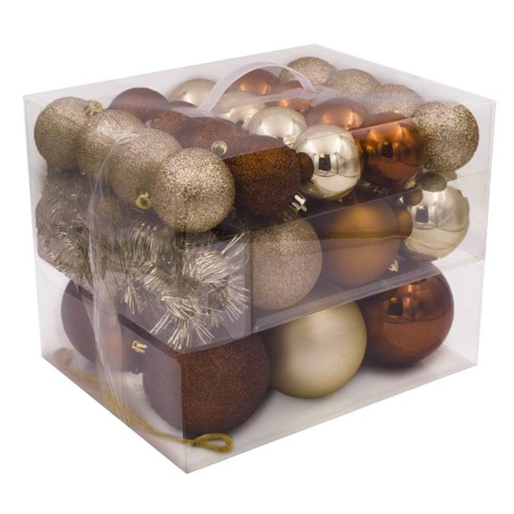Set 52 globulete pentru bradul de Craciun Shopiens® Bronz Sampanie, cu aspect mat, glitter si stralucitor, 4-6-8-10 cm
