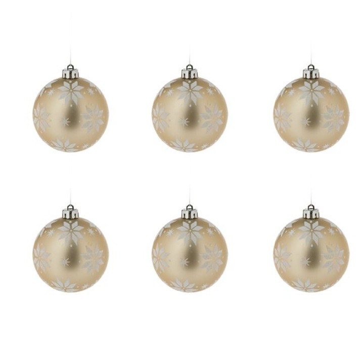 Set 6 globulete pentru bradul de Craciun Shopiens® Bej cu Fulgi Albi Holografici, 8 cm