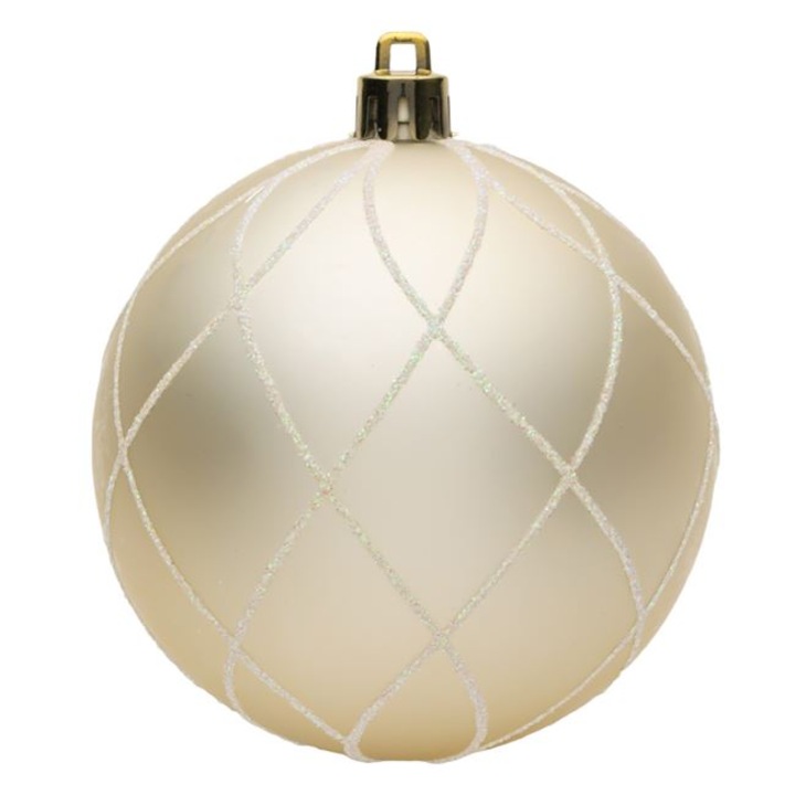Set 6 globulete pentru bradul de Craciun Shopiens® Bej mat cu model plasa glitter, 8 cm