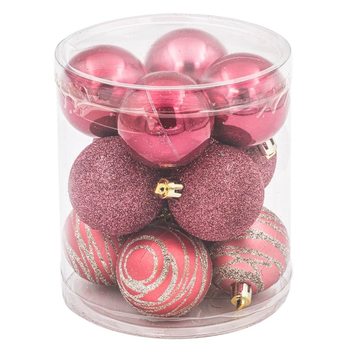 Set 12 globulete brad de Craciun Shopiens®, roz cu aspect glitter, stralucitor si mat, 5 cm
