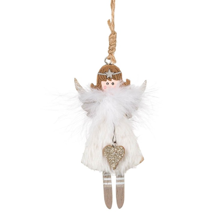 Ornament Brad de Craciun Shopiens®, Inger Blana Alba cu Pana, 12 cm