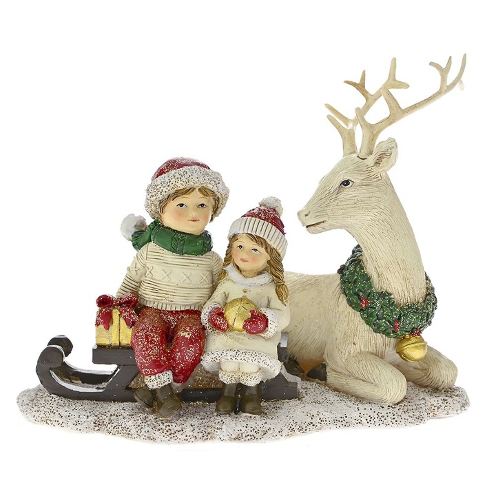 Decoratiune Craciun copilasi cu cerb, culoare crem cu rosu, 14 cm