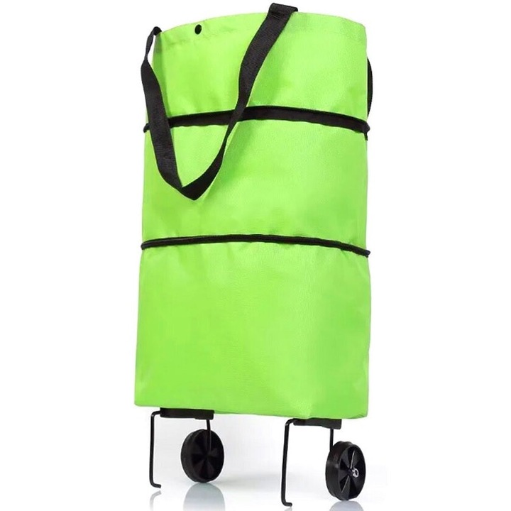 Bevásárlókosár, Összecsukható, Vízálló anyag, Könnyen tisztítható, 2 kerékkel, Világos zöld