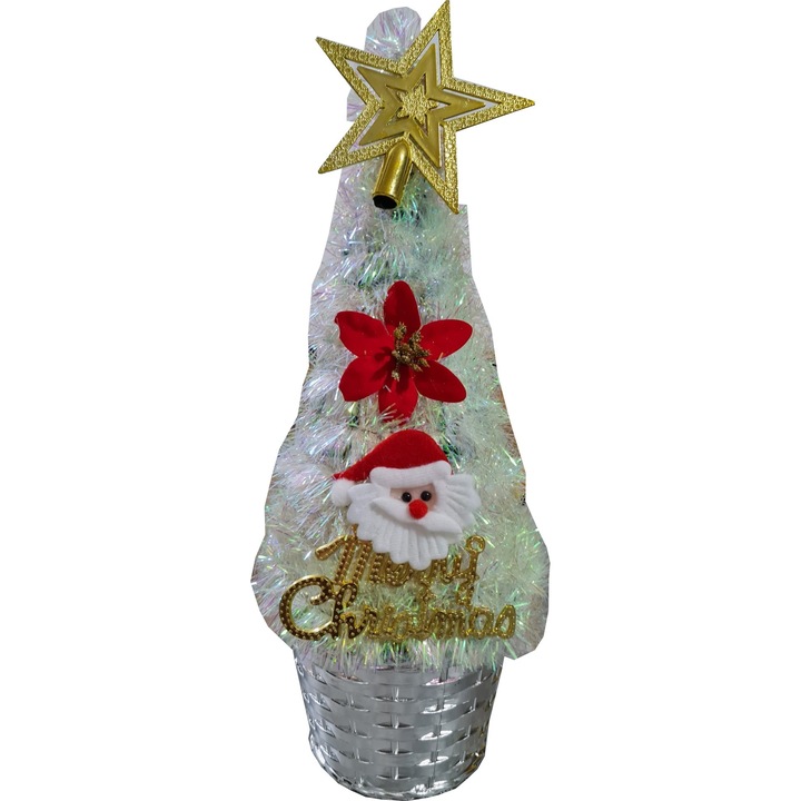 Изкуствена коледна елха NOVOKIDS™ Mini Christmas Tree, За дома и офиса, С включени декорации и опора, Богата корона, Височина 35 см, Коледна елха, Екологична, Бяла